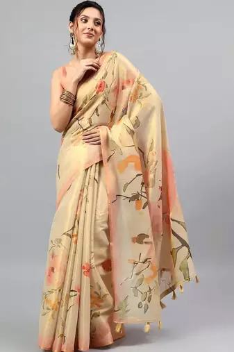 Beige tissue printed saree with blouse