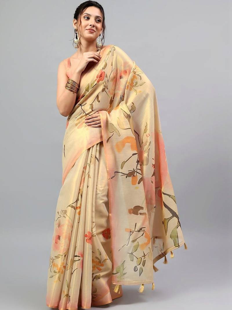 Beige tissue printed saree with blouse