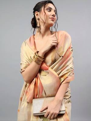 Beige tissue printed saree with blouse 2