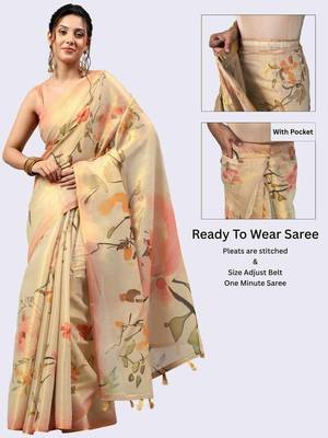 Beige tissue printed saree with blouse 3