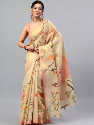 Beige tissue printed saree with blouse 4