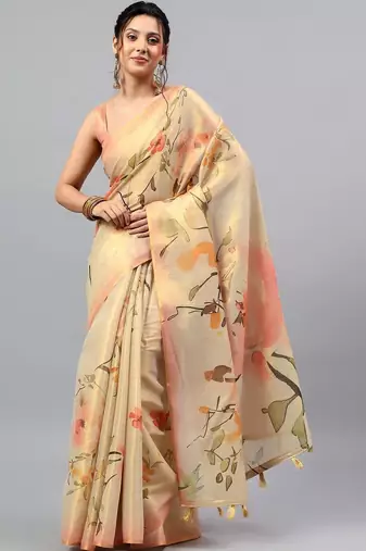 Beige tissue printed saree with blouse