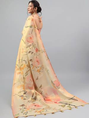 Beige tissue printed saree with blouse 5