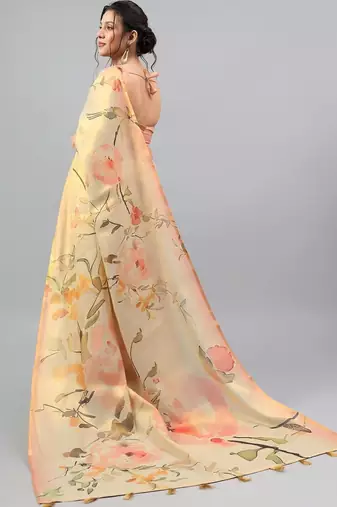 Beige tissue printed saree with blouse
