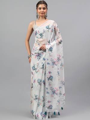 White chiffon printed saree with blouse 1