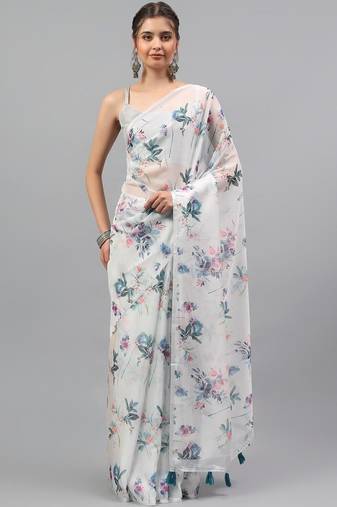 White chiffon printed saree with blouse