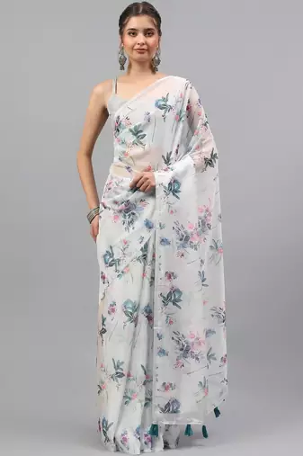 White chiffon printed saree with blouse