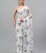 White chiffon printed saree with blouse