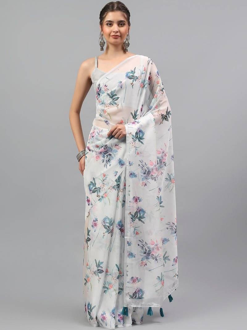 White chiffon printed saree with blouse