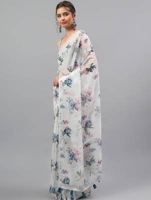 White chiffon printed saree with blouse 2