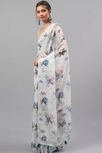 White chiffon printed saree with blouse