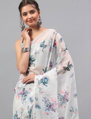 White chiffon printed saree with blouse 3