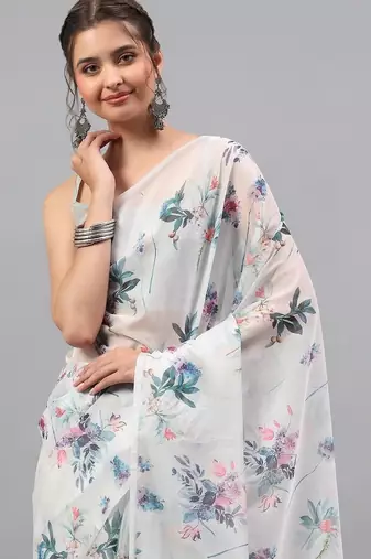 White chiffon printed saree with blouse