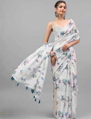 White chiffon printed saree with blouse 4