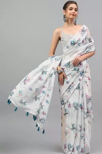 White chiffon printed saree with blouse