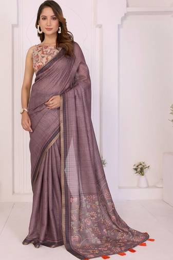 Violet linen printed saree with blouse