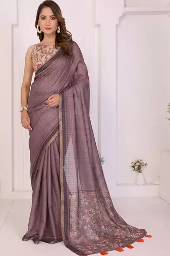 Violet linen printed saree with blouse