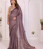 Violet linen printed saree with blouse