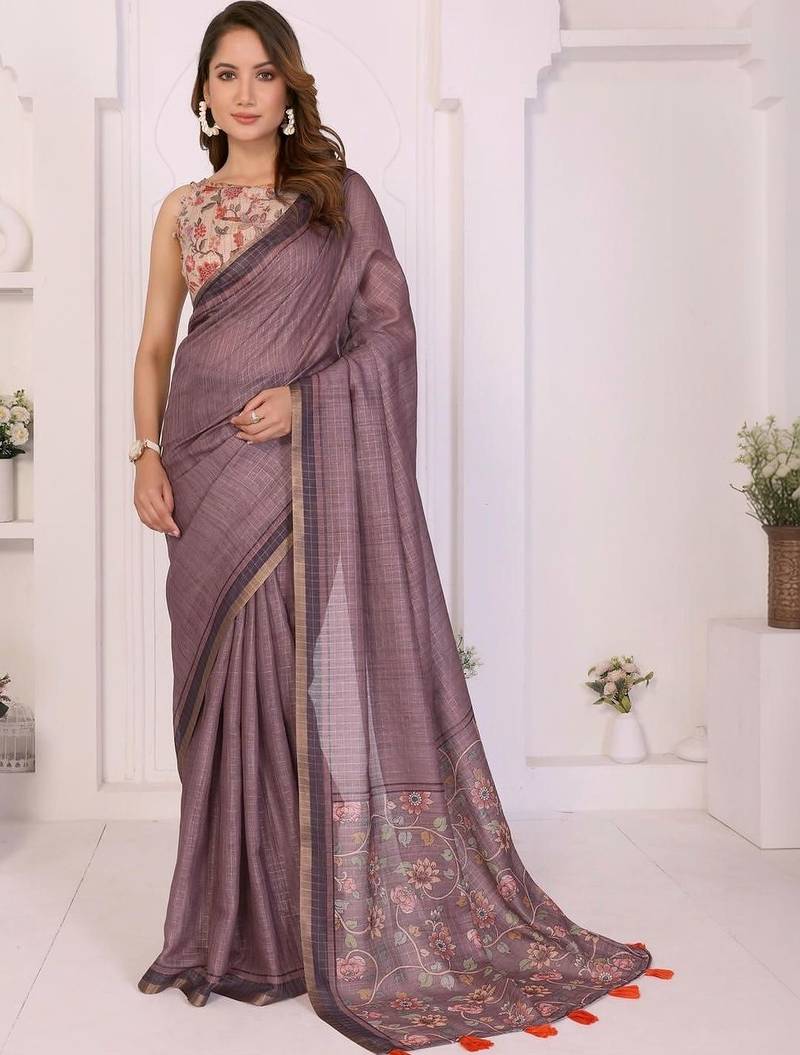 Violet linen printed saree with blouse