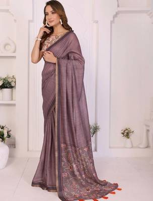 Violet linen printed saree with blouse 2