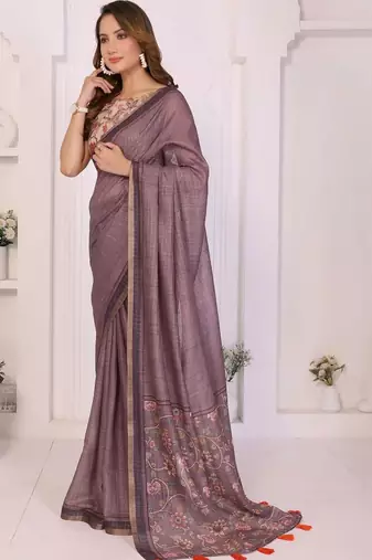 Violet linen printed saree with blouse
