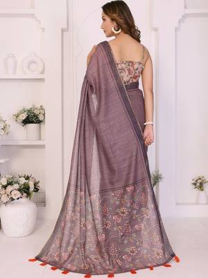 Violet linen printed saree with blouse 3