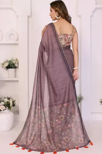 Violet linen printed saree with blouse
