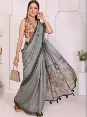 Grey linen printed saree with blouse 1