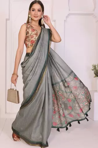 Grey linen printed saree with blouse