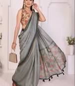Grey linen printed saree with blouse