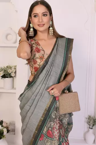 Grey linen printed saree with blouse