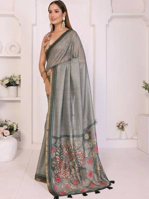 Grey linen printed saree with blouse 4