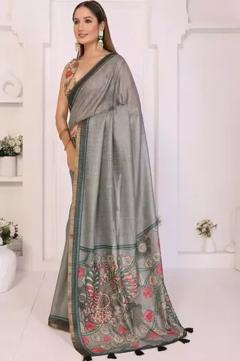 Grey linen printed saree with blouse