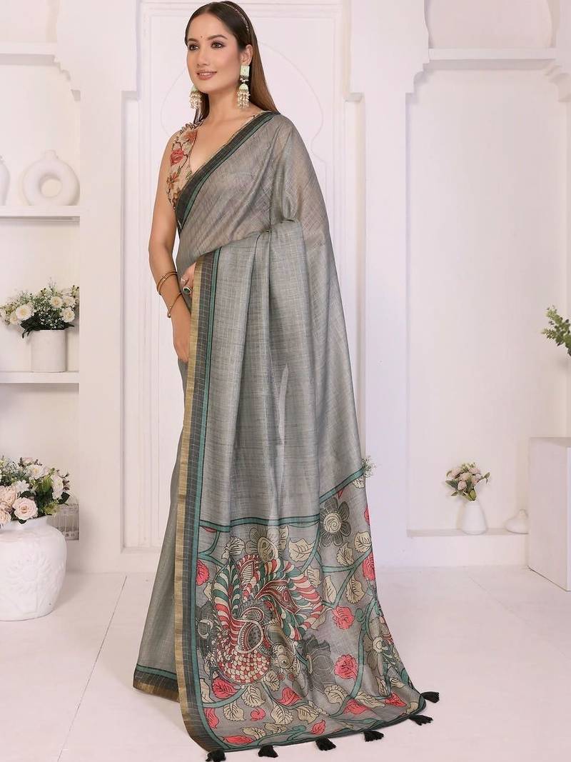 Grey linen printed saree with blouse