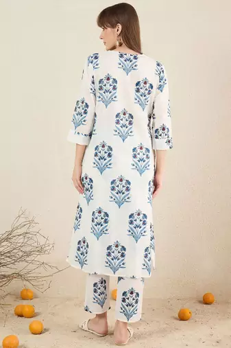 Women Floral Printed Cotton Kurta with Trousers