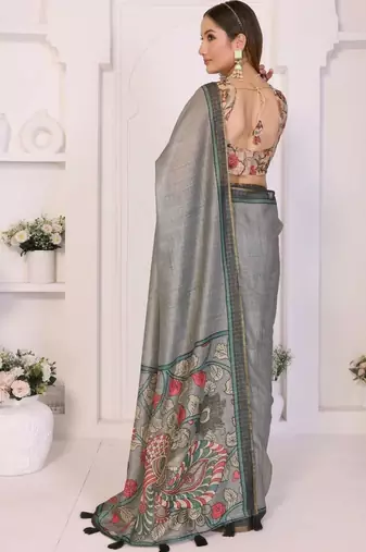 Grey linen printed saree with blouse