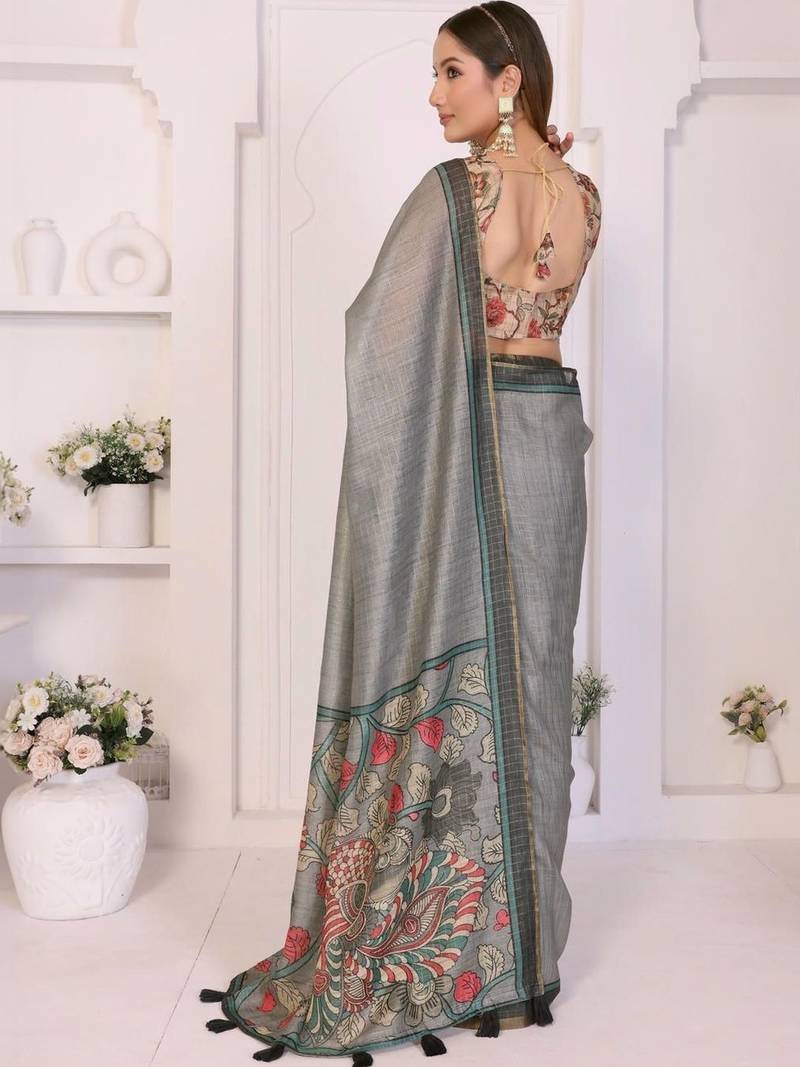 Grey linen printed saree with blouse