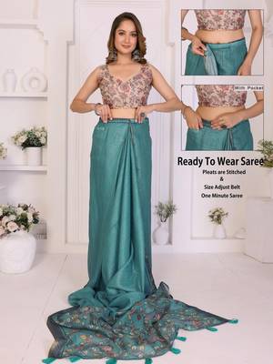 Teal linen printed saree with blouse 2