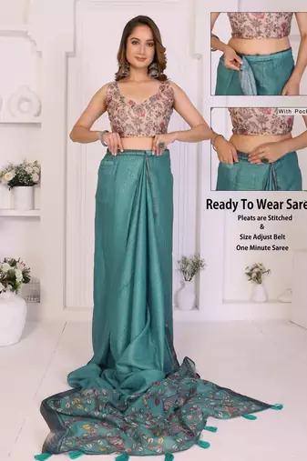 Teal linen printed saree with blouse