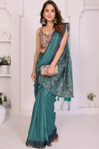 Teal linen printed saree with blouse