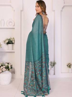 Teal linen printed saree with blouse 5