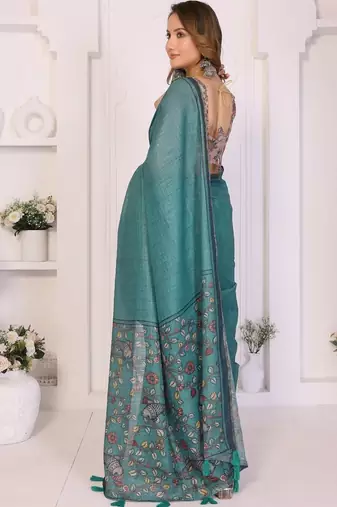 Teal linen printed saree with blouse