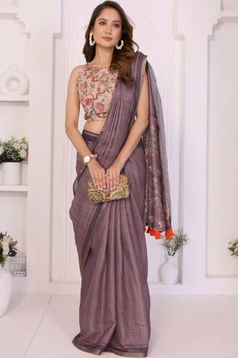Purple linen striped saree with blouse