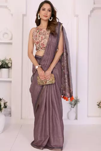Purple linen striped saree with blouse