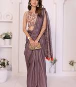 Purple linen striped saree with blouse