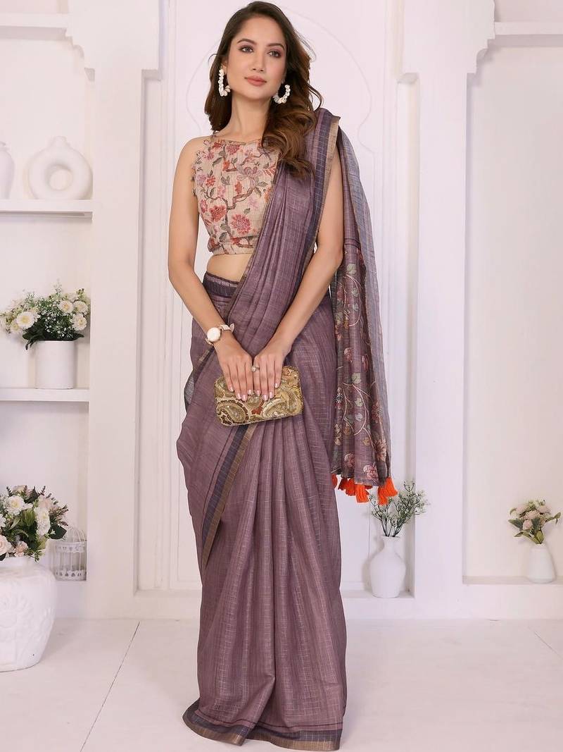 Purple linen striped saree with blouse