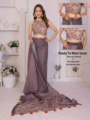 Purple linen striped saree with blouse 2