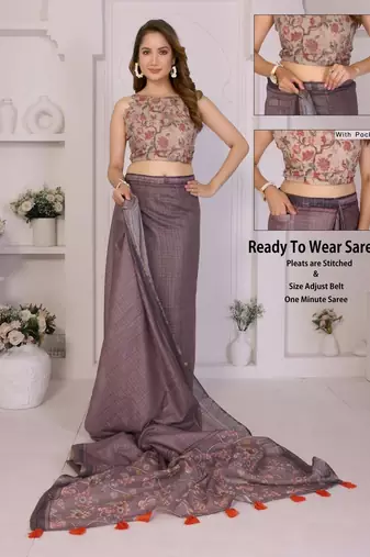 Purple linen striped saree with blouse