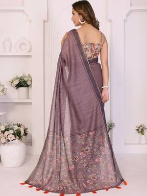 Purple linen striped saree with blouse 5