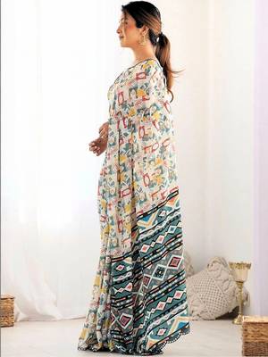 Off white pure georgette printed saree with blouse 2